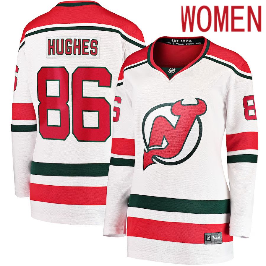 Women New Jersey Devils 86 Jack Hughes Fanatics Branded White 2022-23 Heritage Premier Breakaway NHL Jersey